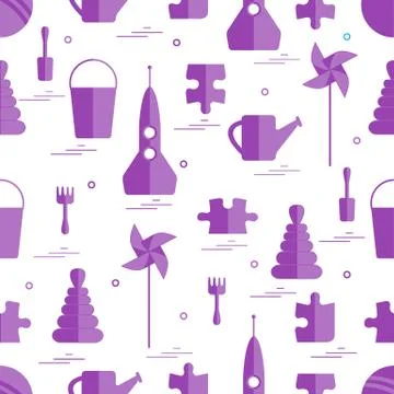 Vector pattern of different kids toys objects: rocket, puzzle, bucket, scoop, Stock Illustration