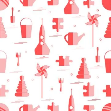 Vector pattern of different kids toys objects: rocket, puzzle, bucket, scoop, イラスト素材