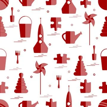 Vector pattern of different kids toys objects: rocket, puzzle, bucket, scoop, Stock Illustration