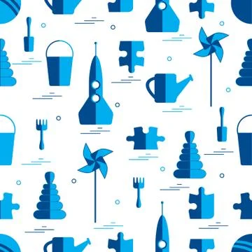 Vector pattern of different kids toys objects: rocket, puzzle, bucket, scoop, Stock Illustration