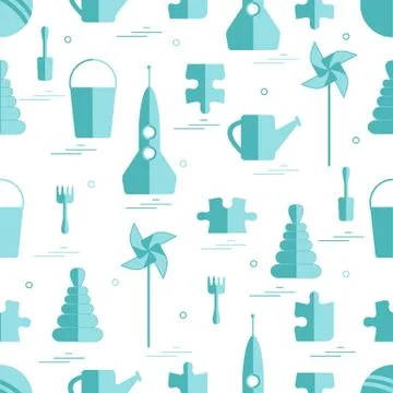 Vector pattern of different kids toys objects: rocket, puzzle, bucket, scoop, イラスト素材