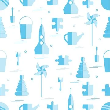 Vector pattern of different kids toys objects: rocket, puzzle, bucket, scoop, Stock Illustration