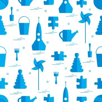 Vector pattern of different kids toys objects: rocket, puzzle, bucket, scoop, Stock Illustration