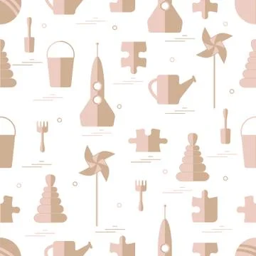 Vector pattern of different kids toys objects: rocket, puzzle, bucket, scoop, Stock Illustration