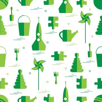 Vector pattern of different kids toys objects: rocket, puzzle, bucket, scoop, Stock Illustration