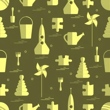 Vector pattern of different kids toys objects: rocket, puzzle, bucket, scoop, Stock Illustration