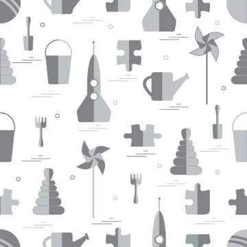 Vector pattern of different kids toys objects: rocket, puzzle, bucket, scoop, Illustrazione stock