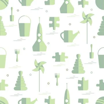 Vector pattern of different kids toys objects: rocket, puzzle, bucket, scoop, イラスト素材