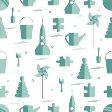 Vector pattern of different kids toys objects: rocket, puzzle, bucket, scoop, イラスト素材