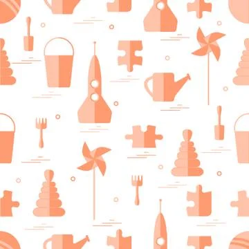 Vector pattern of different kids toys objects: rocket, puzzle, bucket, scoop, Stock Illustration