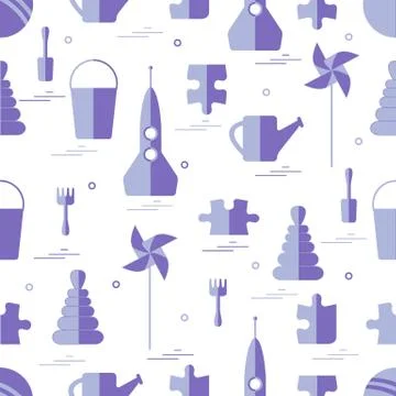 Vector pattern of different kids toys objects: rocket, puzzle, bucket, scoop, Stock Illustration