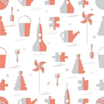 Vector pattern of different kids toys objects: rocket, puzzle, bucket, scoop, Stock Illustration