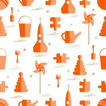 Vector pattern of different kids toys objects: rocket, puzzle, bucket, scoop, Stock Illustration