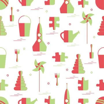 Vector pattern of different kids toys objects: rocket, puzzle, bucket, scoop, Stock Illustration
