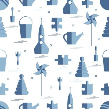 Vector pattern of different kids toys objects: rocket, puzzle, bucket, scoop, Illustrazione stock