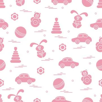 Vector pattern of different toys: car, pyramid, roly-poly, ball, hare, rattle Illustrazione stock