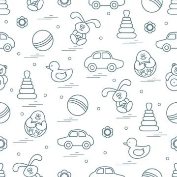 Vector pattern of different toys: car, pyramid, roly-poly, ball, hare, rattle Illustrazione stock