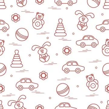 Vector pattern of different toys: car, pyramid, roly-poly, ball, hare, rattle Illustrazione stock