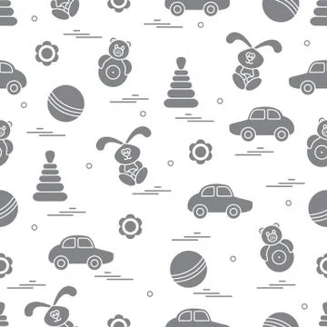 Vector pattern of different toys: car, pyramid, roly-poly, ball, hare, rattle Illustrazione stock
