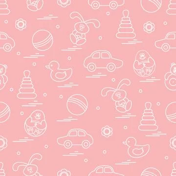 Vector pattern of different toys: car, pyramid, roly-poly, ball, hare, rattle Stockillustratie