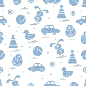 Vector pattern of different toys: car, pyramid, roly-poly, ball, hare, rattle Stock Illustration