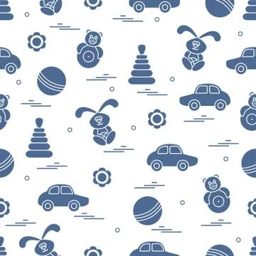 Vector pattern of different toys: car, pyramid, roly-poly, ball, hare, rattle Stockillustratie