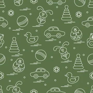 Vector pattern of different toys: car, pyramid, roly-poly, ball, hare, rattle Stockillustratie