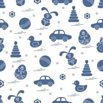 Vector pattern of different toys: car, pyramid, roly-poly, ball, hare, rattle Stock Illustration