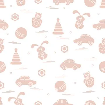 Vector pattern of different toys: car, pyramid, roly-poly, ball, hare, rattle Illustrazione stock