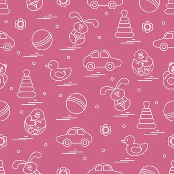 Vector pattern of different toys: car, pyramid, roly-poly, ball, hare, rattle Stock Illustration