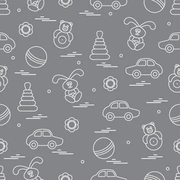 Vector pattern of different toys: car, pyramid, roly-poly, ball, hare, rattle イラスト素材