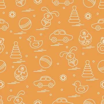 Vector pattern of different toys: car, pyramid, roly-poly, ball, hare, rattle Illustrazione stock