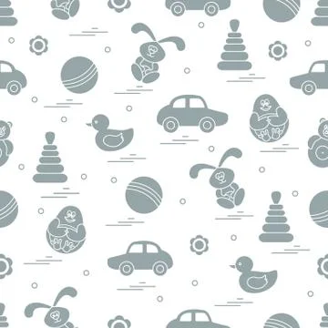 Vector pattern of different toys: car, pyramid, roly-poly, ball, hare, rattle Stock Illustration