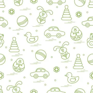 Vector pattern of different toys: car, pyramid, roly-poly, ball, hare, rattle Illustrazione stock
