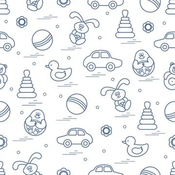 Vector pattern of different toys: car, pyramid, roly-poly, ball, hare, rattle Illustrazione stock