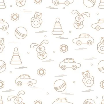 Vector pattern of different toys: car, pyramid, roly-poly, ball, hare, rattle Illustrazione stock