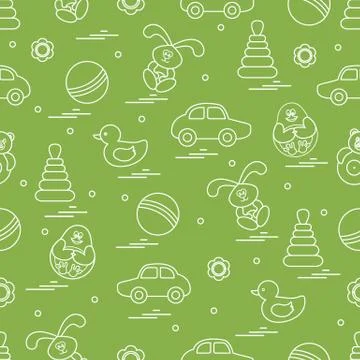 Vector pattern of different toys: car, pyramid, roly-poly, ball, hare, rattle Stockillustratie