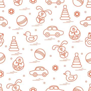 Vector pattern of different toys: car, pyramid, roly-poly, ball, hare, rattle Illustrazione stock