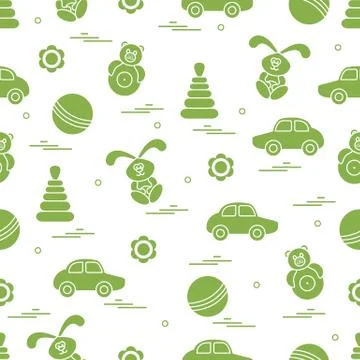 Vector pattern of different toys: car, pyramid, roly-poly, ball, hare, rattle Stockillustratie
