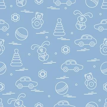 Vector pattern of different toys: car, pyramid, roly-poly, ball, hare, rattle Illustrazione stock