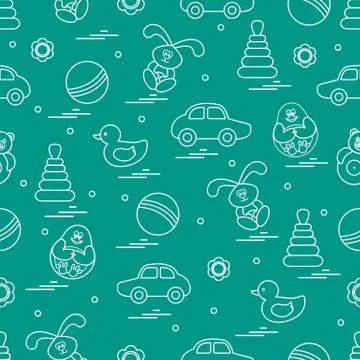 Vector pattern of different toys: car, pyramid, roly-poly, ball, hare, rattle Illustrazione stock