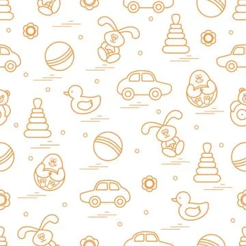 Vector pattern of different toys: car, pyramid, roly-poly, ball, hare, rattle Illustrazione stock