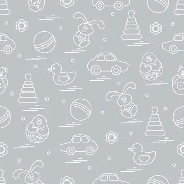 Vector pattern of different toys: car, pyramid, roly-poly, ball, hare, rattle Illustrazione stock