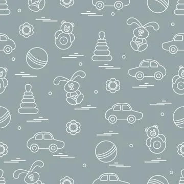 Vector pattern of different toys: car, pyramid, roly-poly, ball, hare, rattle Stockillustratie