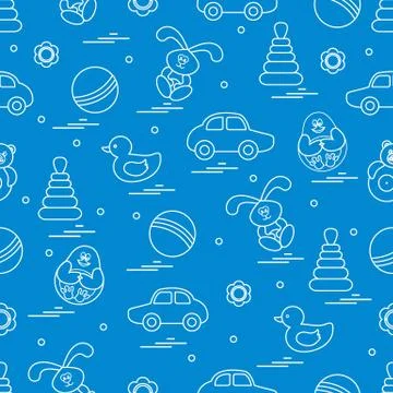 Vector pattern of different toys: car, pyramid, roly-poly, ball, hare, rattle Illustrazione stock