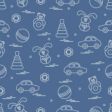 Vector pattern of different toys: car, pyramid, roly-poly, ball, hare, rattle Illustrazione stock