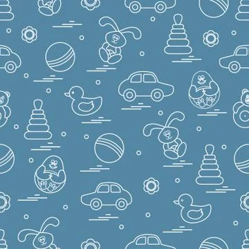 Vector pattern of different toys: car, pyramid, roly-poly, ball, hare, rattle Stockillustratie