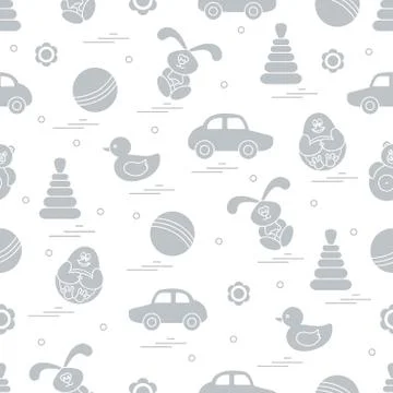 Vector pattern of different toys: car, pyramid, roly-poly, ball, hare, rattle Illustrazione stock