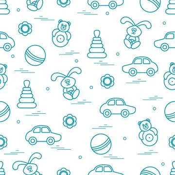 Vector pattern of different toys: car, pyramid, roly-poly, ball, hare, rattle Illustrazione stock