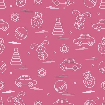 Vector pattern of different toys: car, pyramid, roly-poly, ball, hare, rattle Illustrazione stock